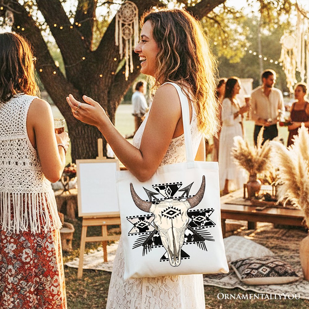 Aztec Tribal Bull Skull Canvas Tote Bag, Western Boho Shopper
