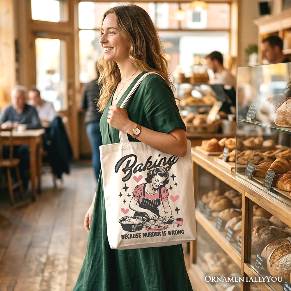 Baking Because Murder Is Wrong Funny Retro Cotton Tote Bag