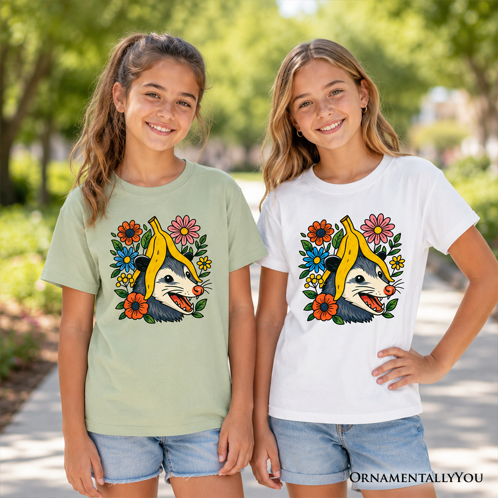 Banana Possum Floral Graphic T-Shirt for Kids - Whimsical Animal Tee