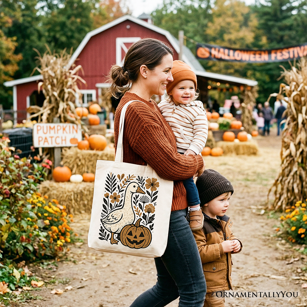 Boho Goose Halloween Pumpkin Tote Bag, Spooky Fall Floral Shopper