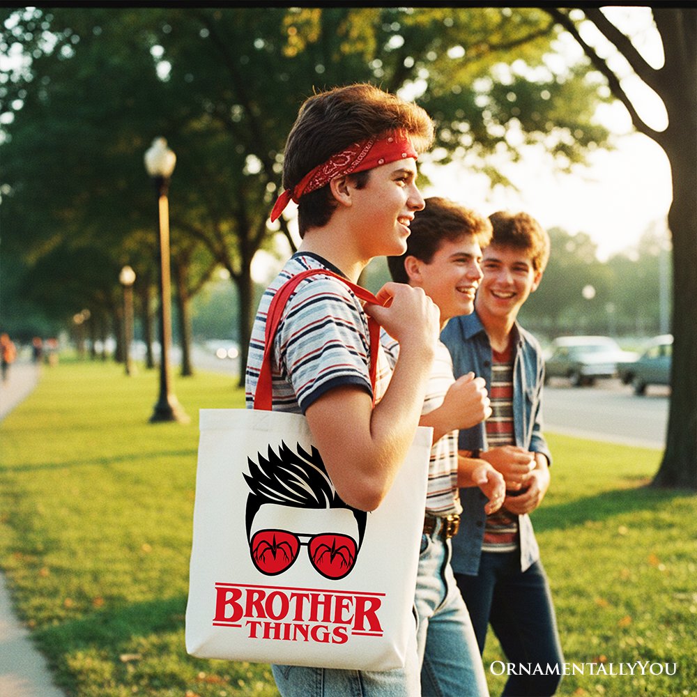 Brother Things Retro Canvas Tote Bag, Red Glasses Family Shopper