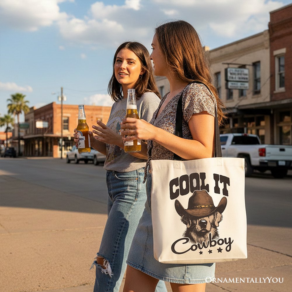 Cool It Cowboy Golden Retriever Canvas Tote Bag, Western Shopper