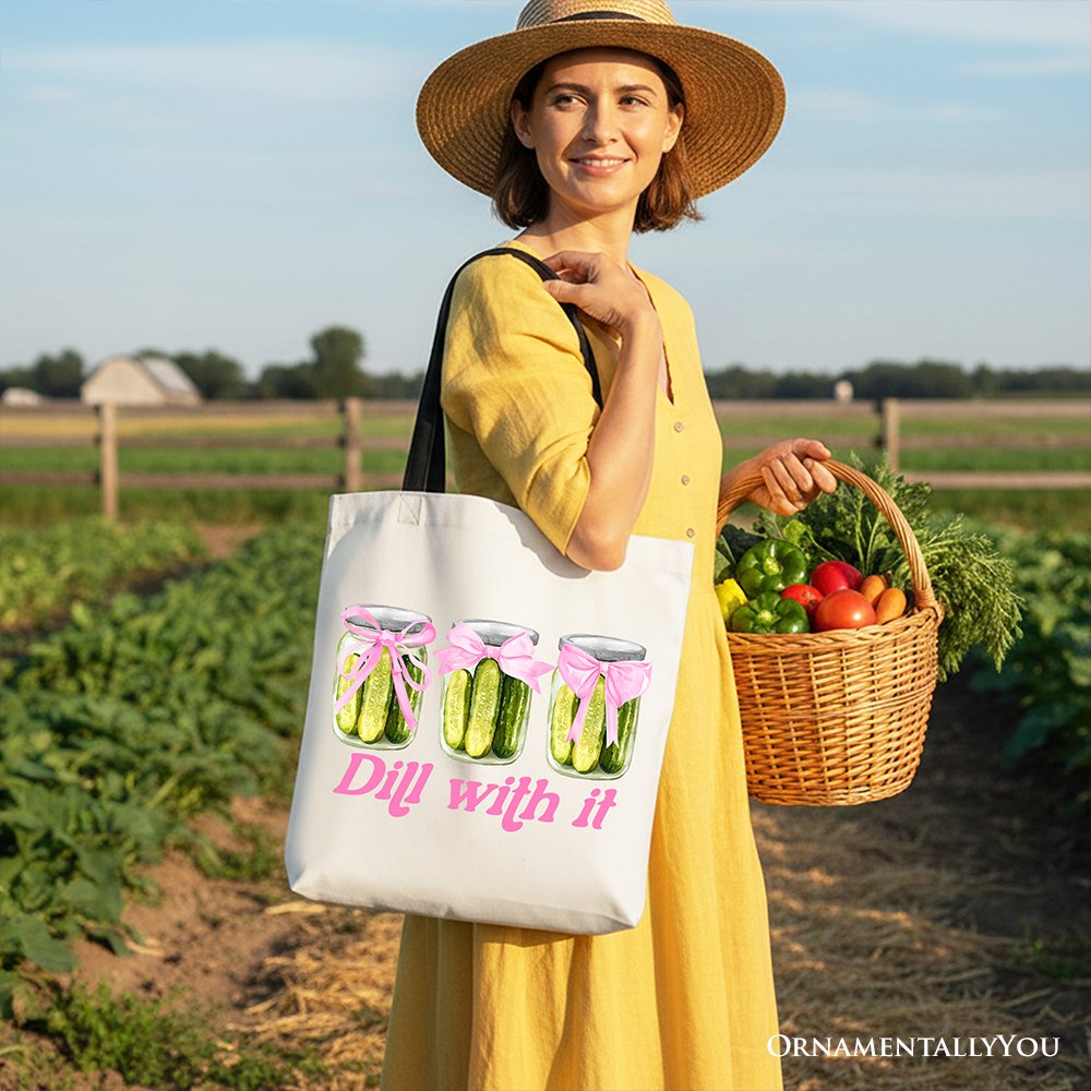 Coquette Pickle Tote Bag with Pink Bow, Funny Canvas Shopper