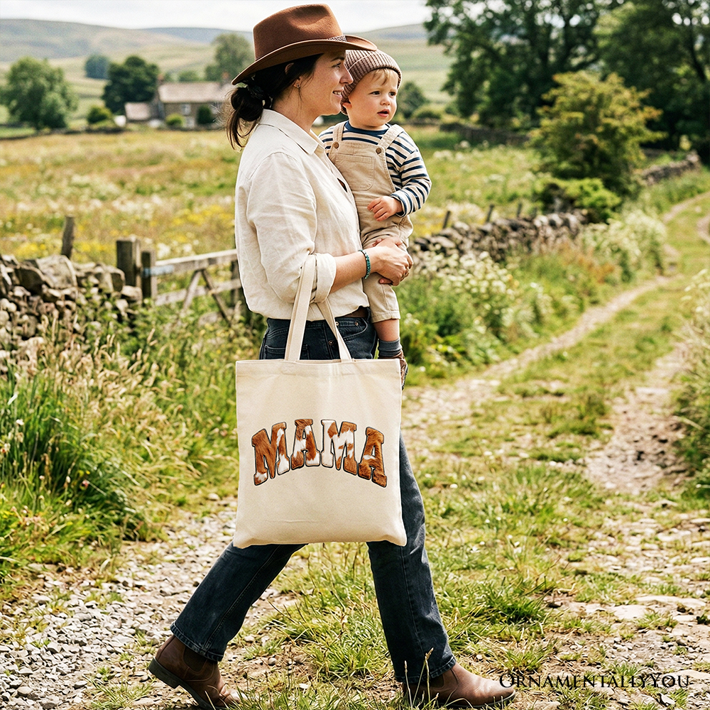 Cow Print Mama Western Tote Bag Faux Cowhide Mom Gift Shopper