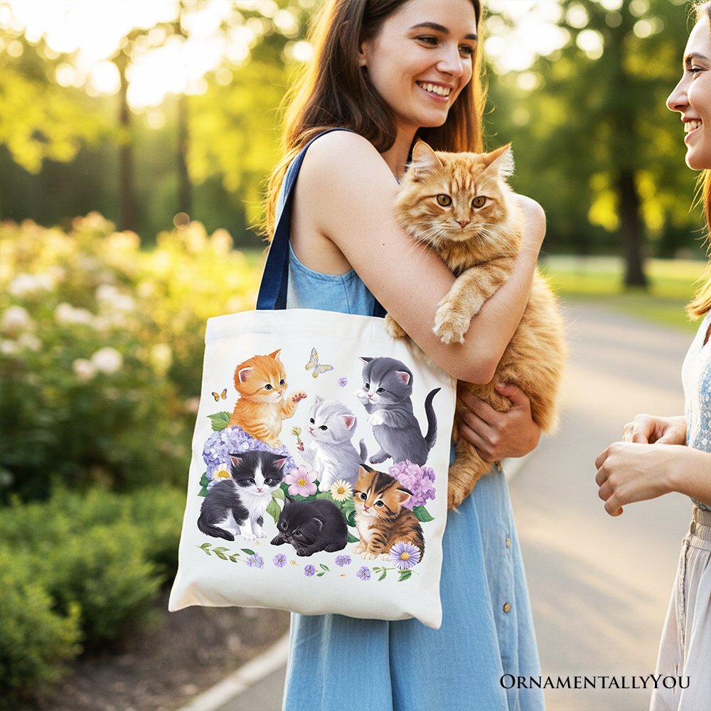 Cute Baby Cats Wildflower Tote Bag, Cottagecore Botanical Cat Gift Shopper