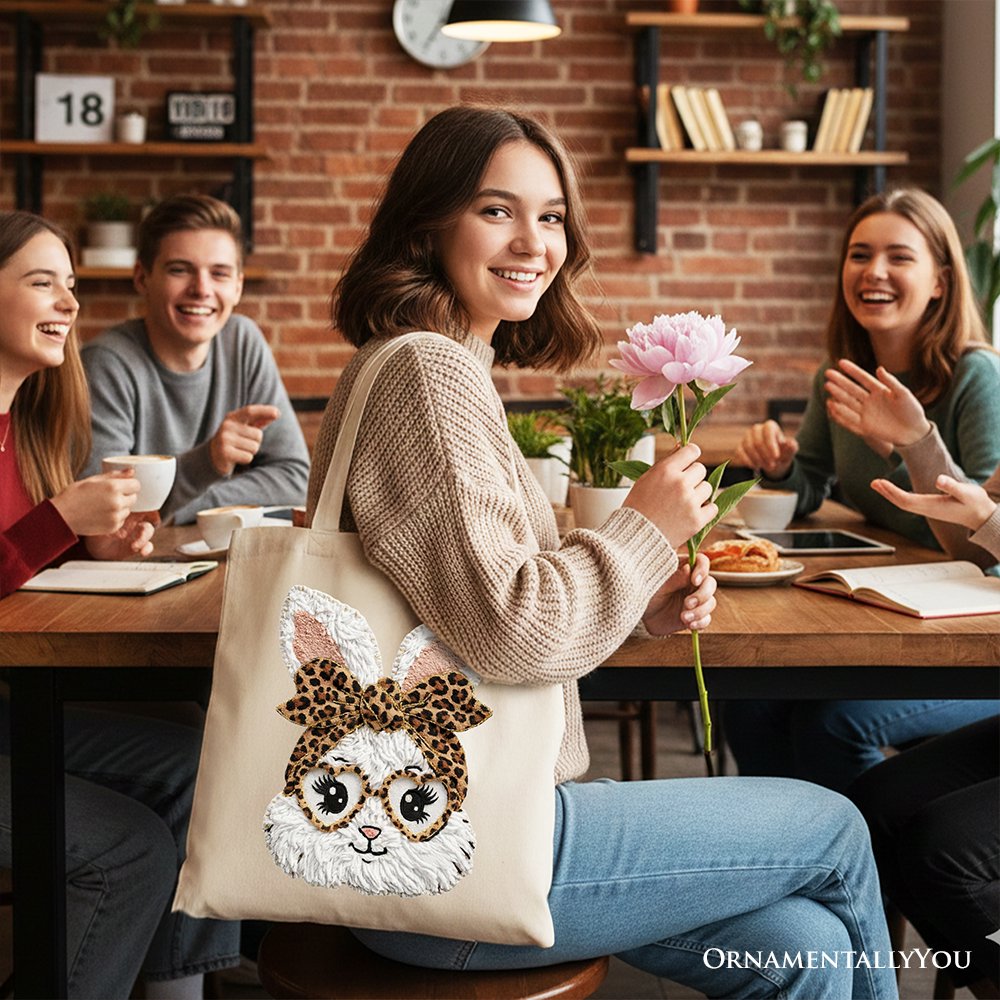 Easter Bunny Leopard Bow Tote Bag, Coquette Faux Embroidery Shopper
