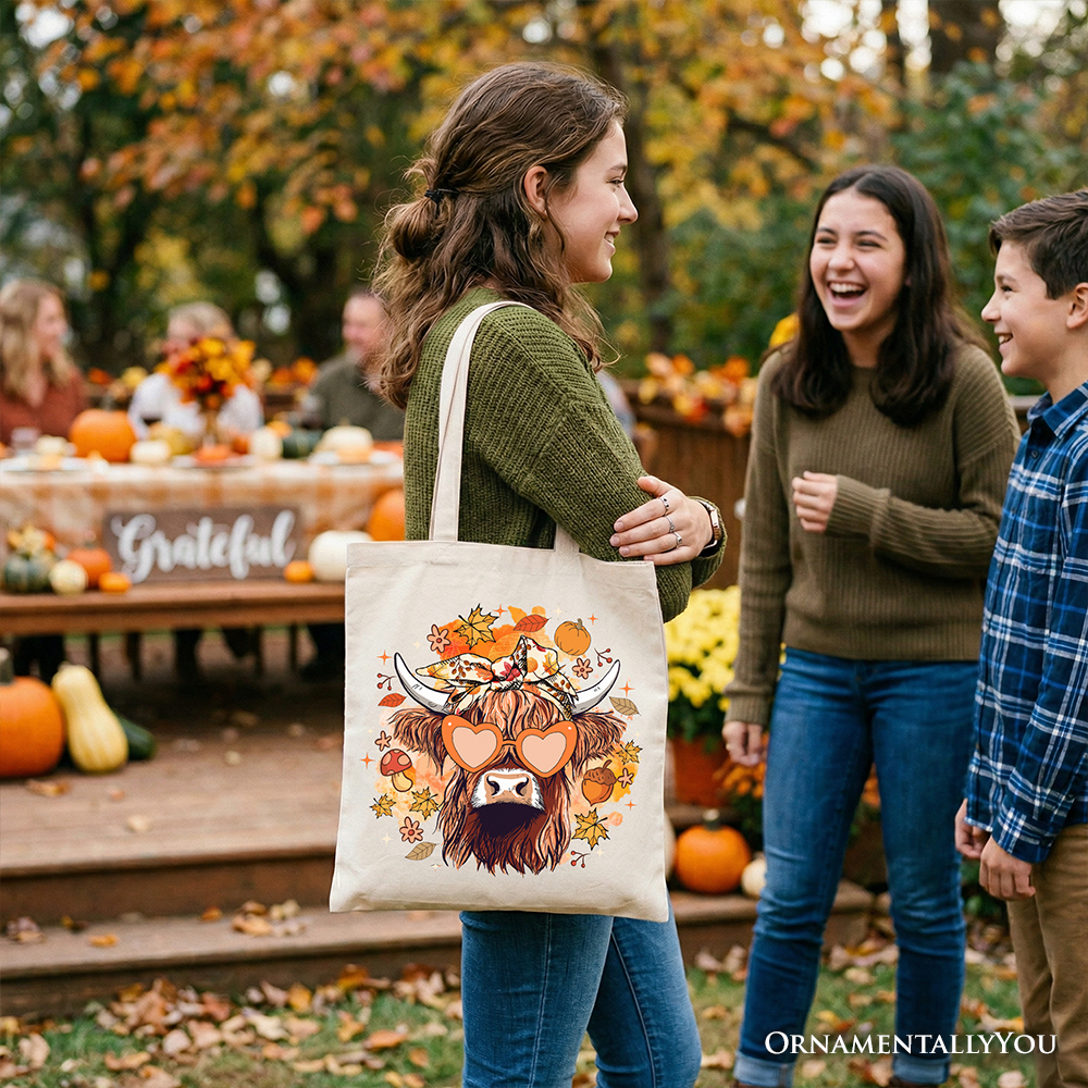 Fall Highland Cow Messy Bun Howdy Autumn Canvas Tote Bag