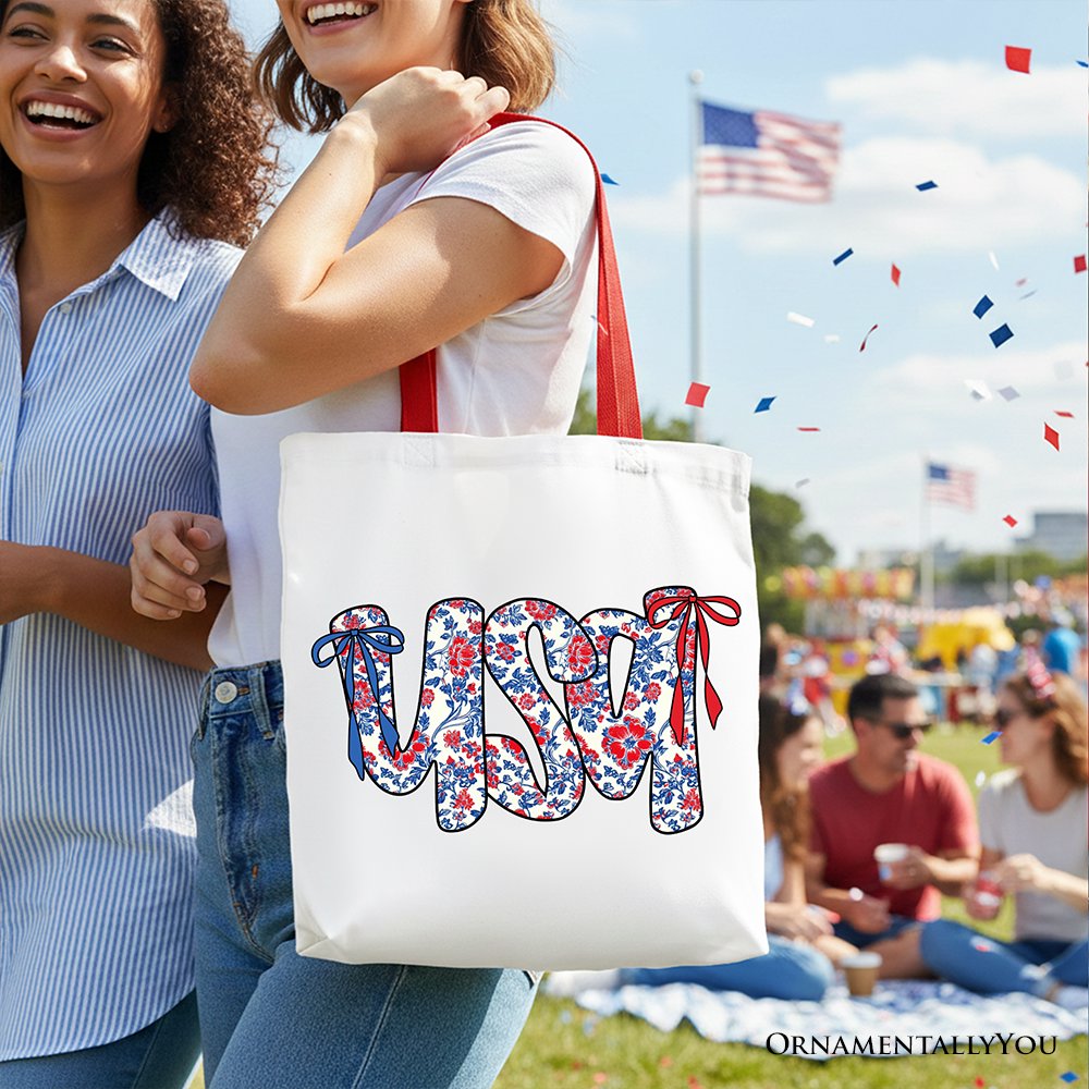 Floral USA Patriotic Canvas Tote Bag - Red, White and Blue Shopper