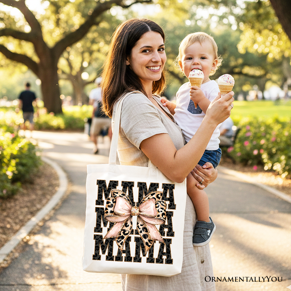 Glitter Leopard Mama Tote Bag with Coquette Bow for Trendy Moms