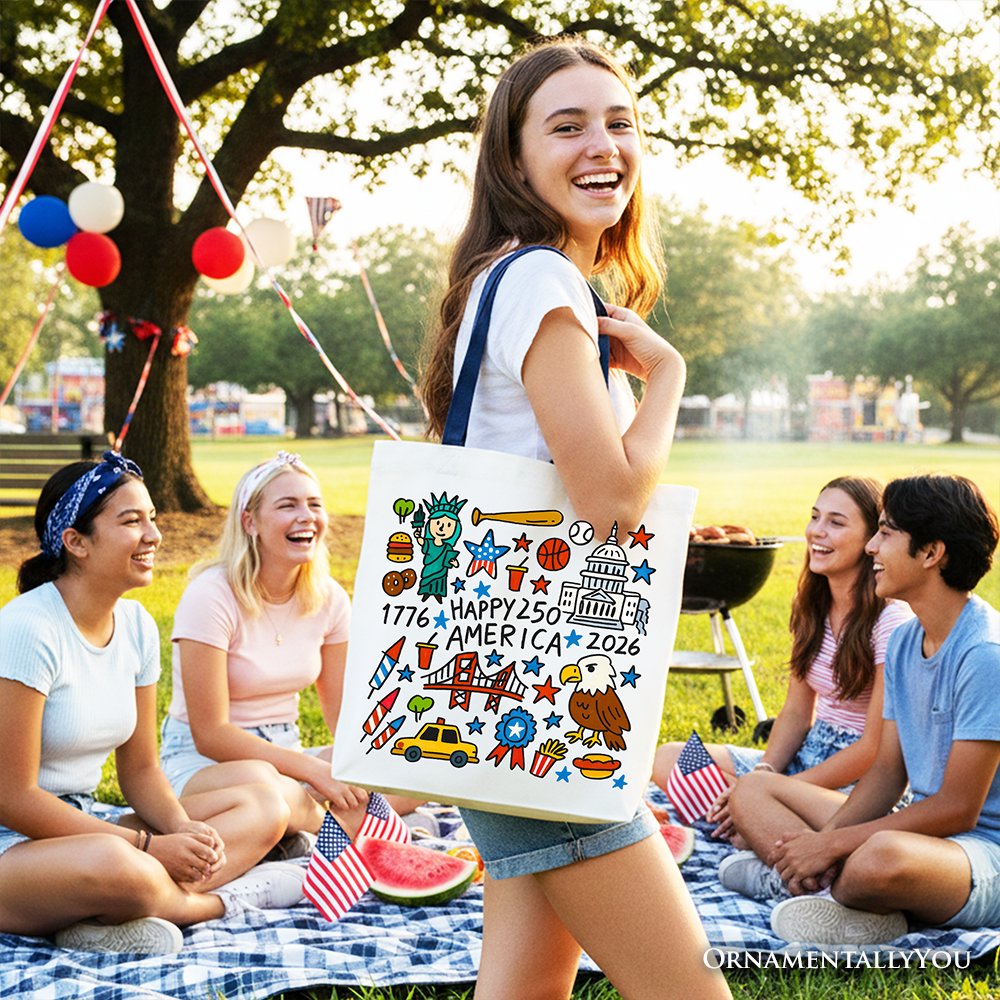 Happy 250 America Doodle Cotton Tote Bag USA Patriotic Anniversary