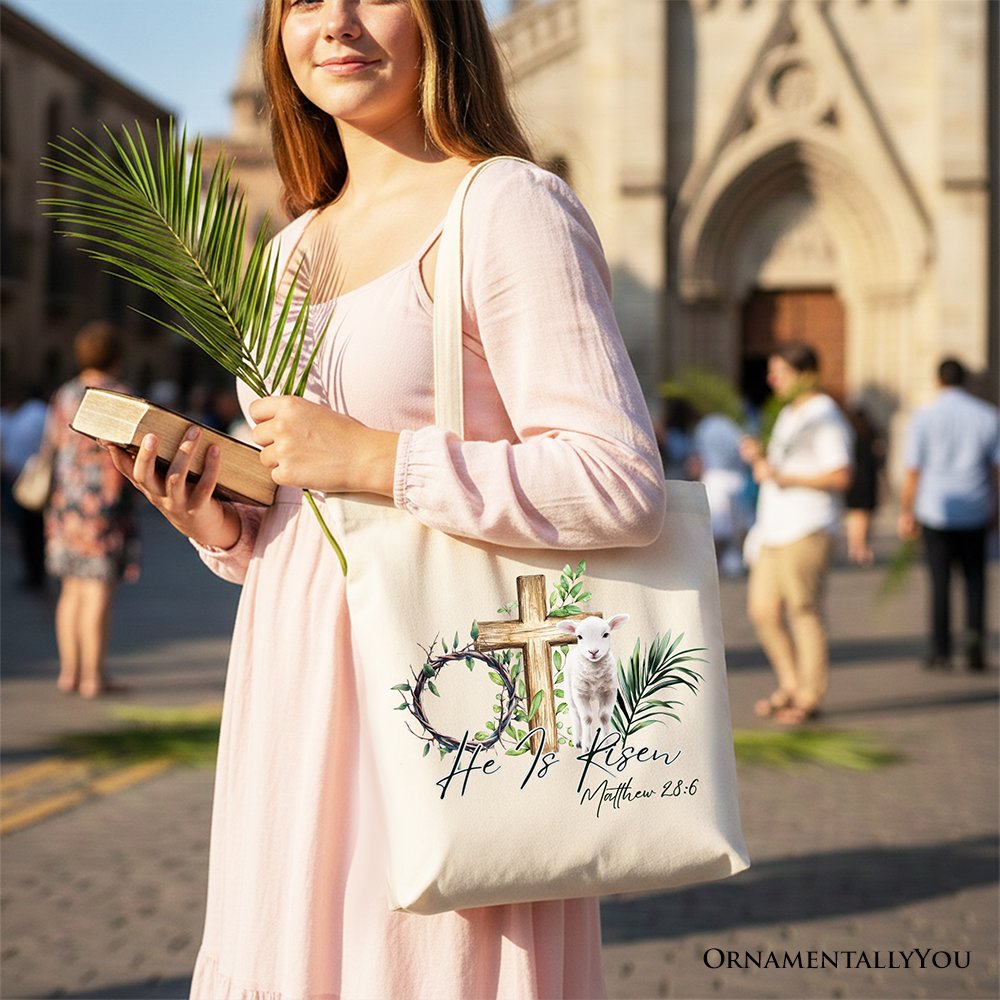 He Is Risen Lamb Cross Easter Tote Bag, Christian Gift Shopper