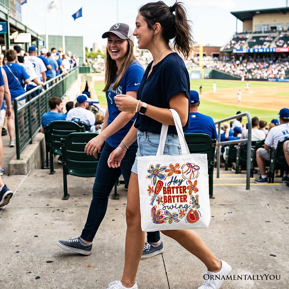 Hey Batter Baseball Tote Bag Retro White Natural Gift Shopper
