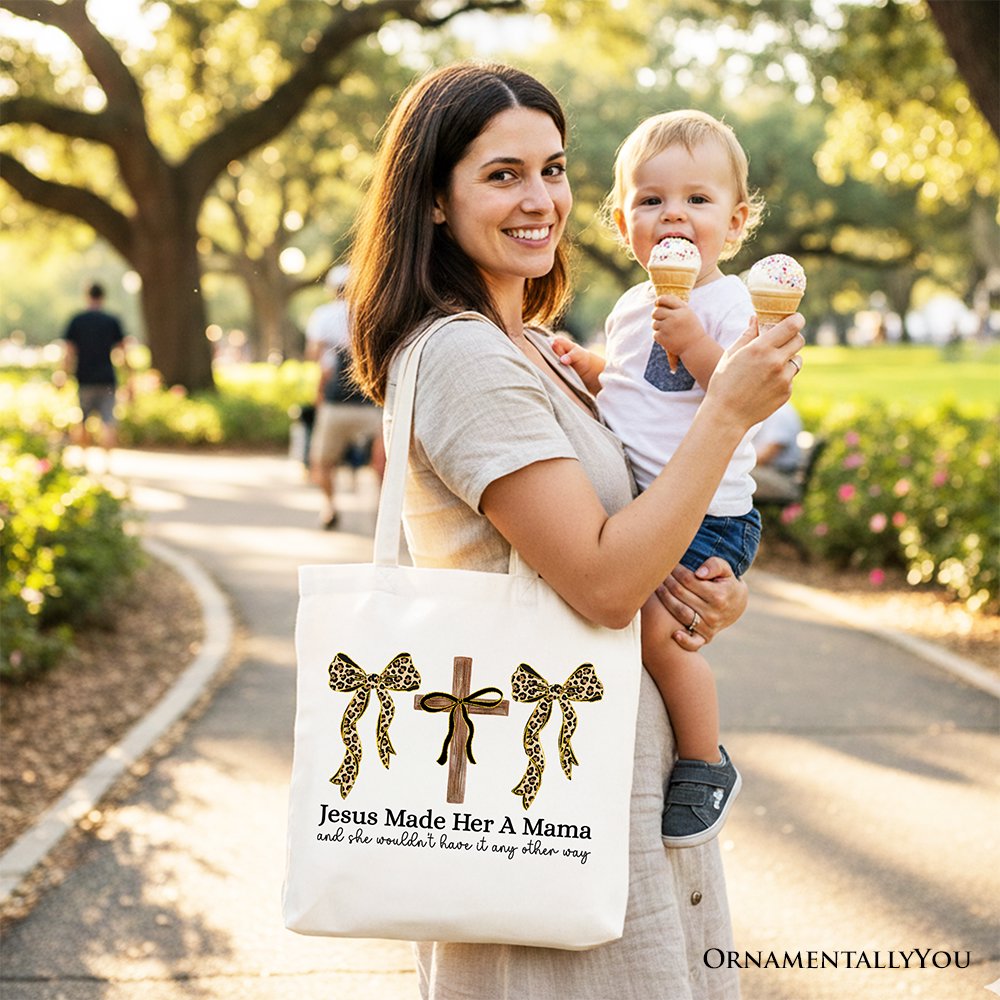 Jesus Made Her A Mama Tote Bag Coquette Christian Leopard Bows