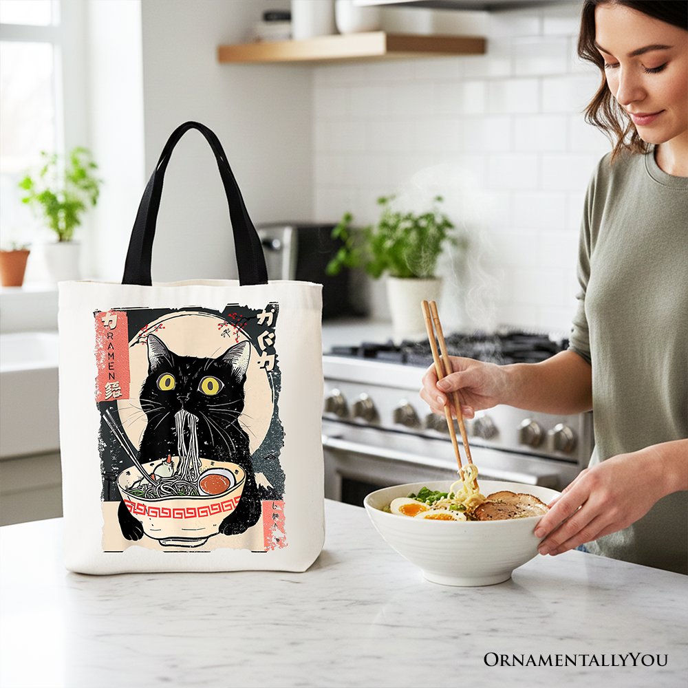 Kawaii Anime Cat Ramen Canvas Tote Bag Japanese Style Shopper