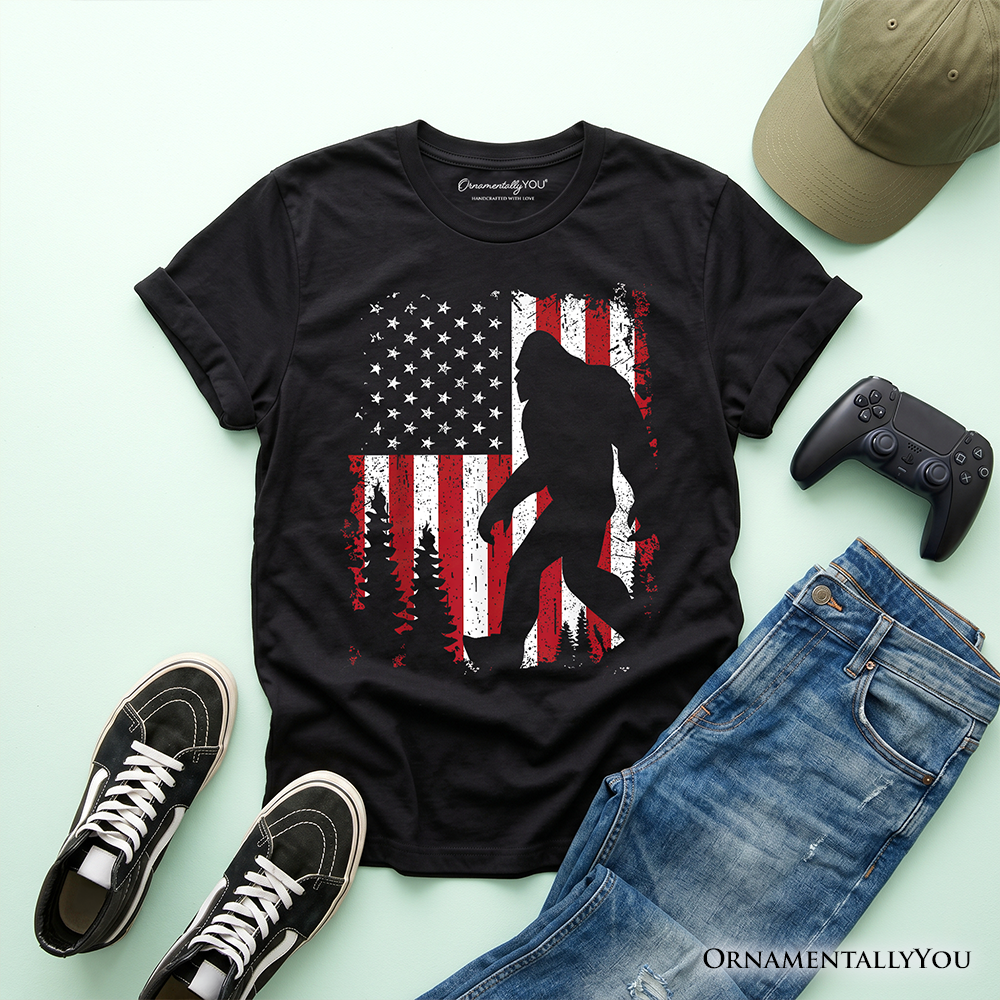 Kids Bigfoot American Flag T-Shirt Patriotic Sasquatch Youth Tee