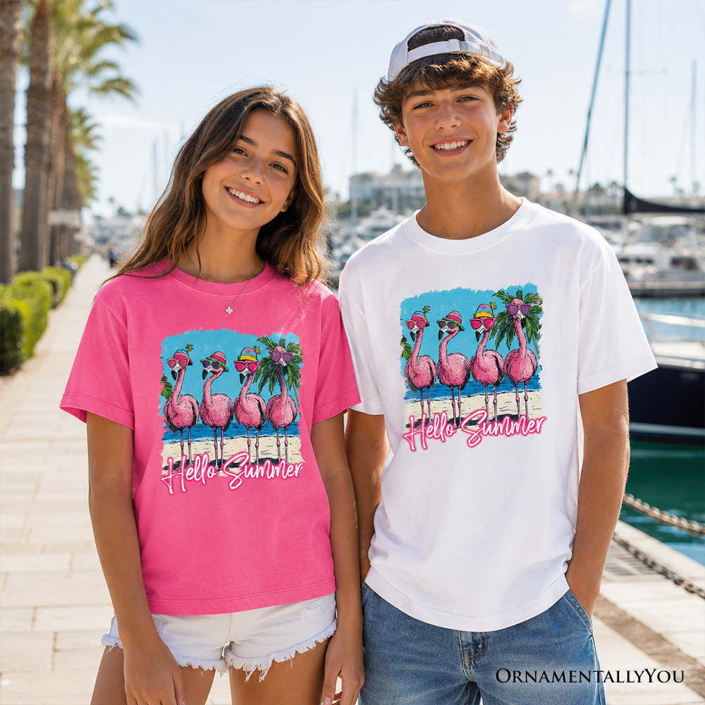 Hello Summer Flamingo T-Shirt for Kids, Tropical Beach Graphic Tee