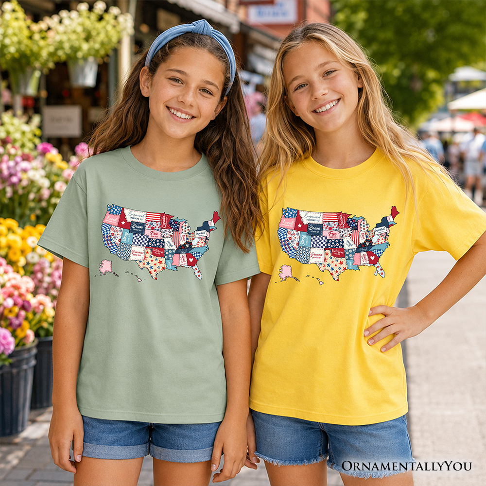 Kids Patriotic USA Map Patchwork T-Shirt Quilted Design Youth Tee
