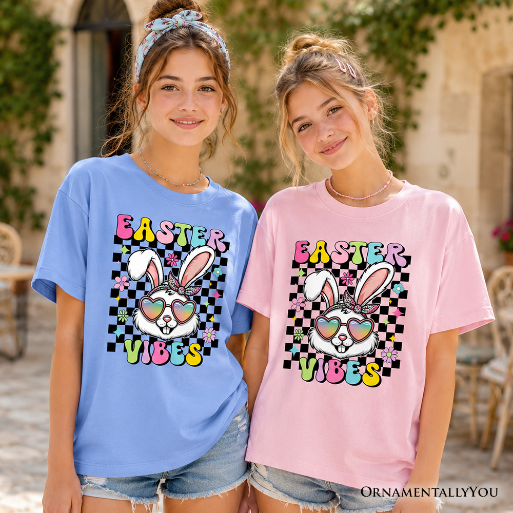Retro Easter Bunny Sunglasses T-Shirt Groovy Checkered Youth Tee