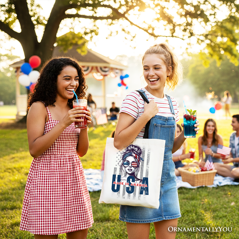 Messy Bun Patriotic Tote Bag Retro 4th of July White Shopper
