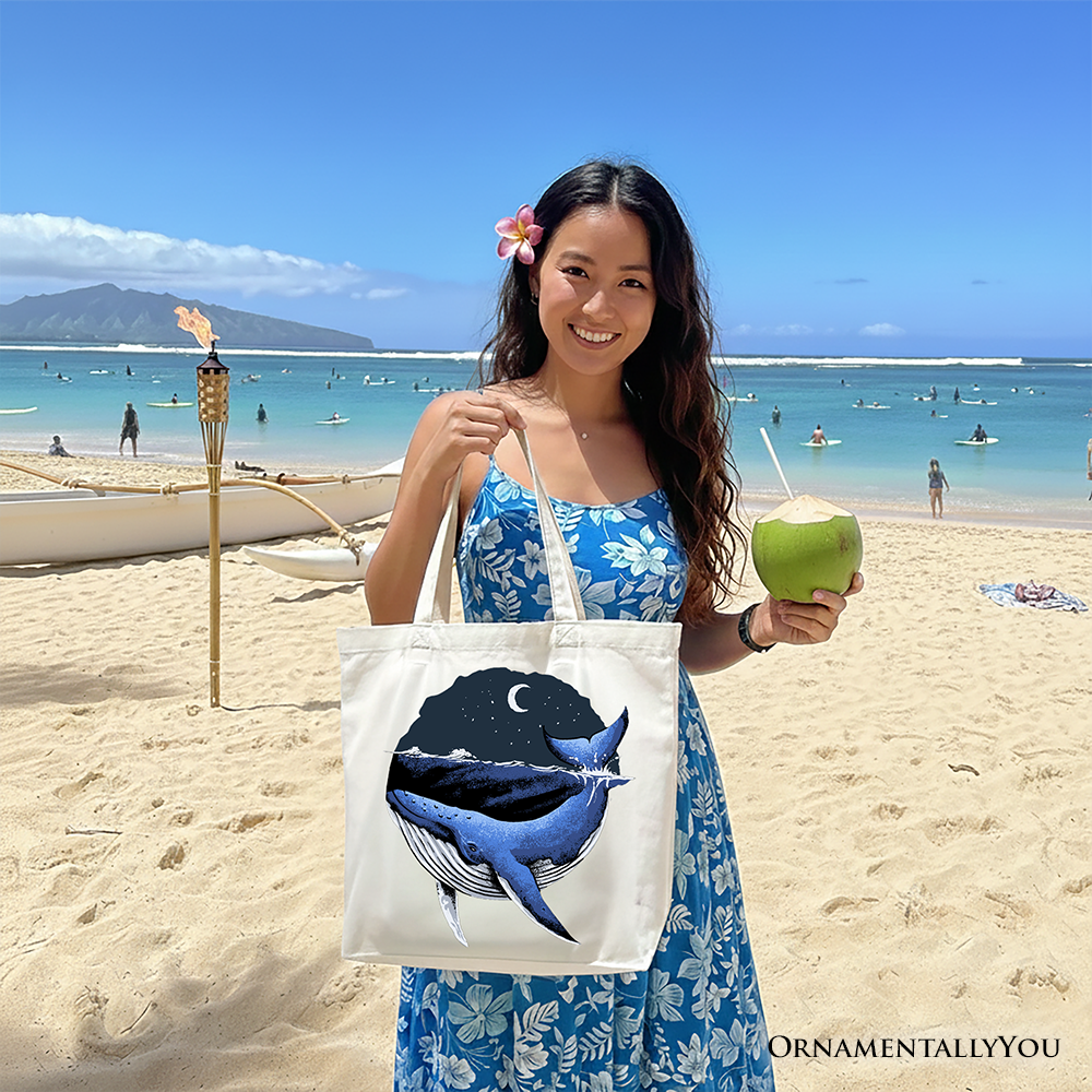 Moonlit Whale Vintage Tote Bag, Retro Night Ocean Graphic Shopper
