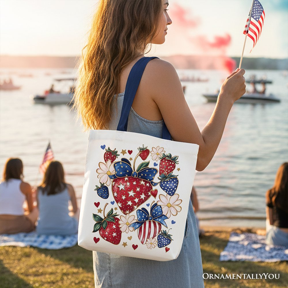 Patriotic Strawberry Floral Canvas Tote, Festive Boho Shopper