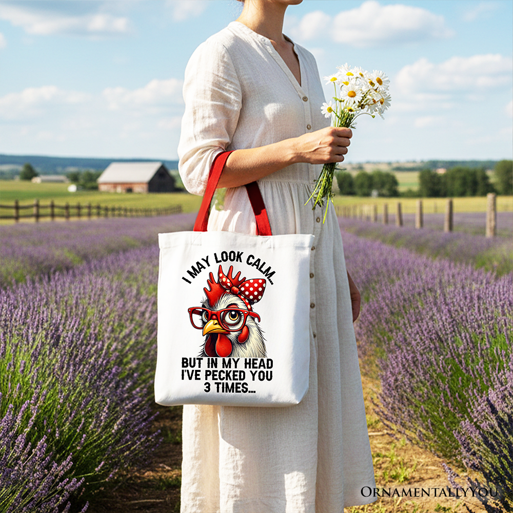 Sassy Chicken Tote Bag with Red Glasses and Bow Graphic