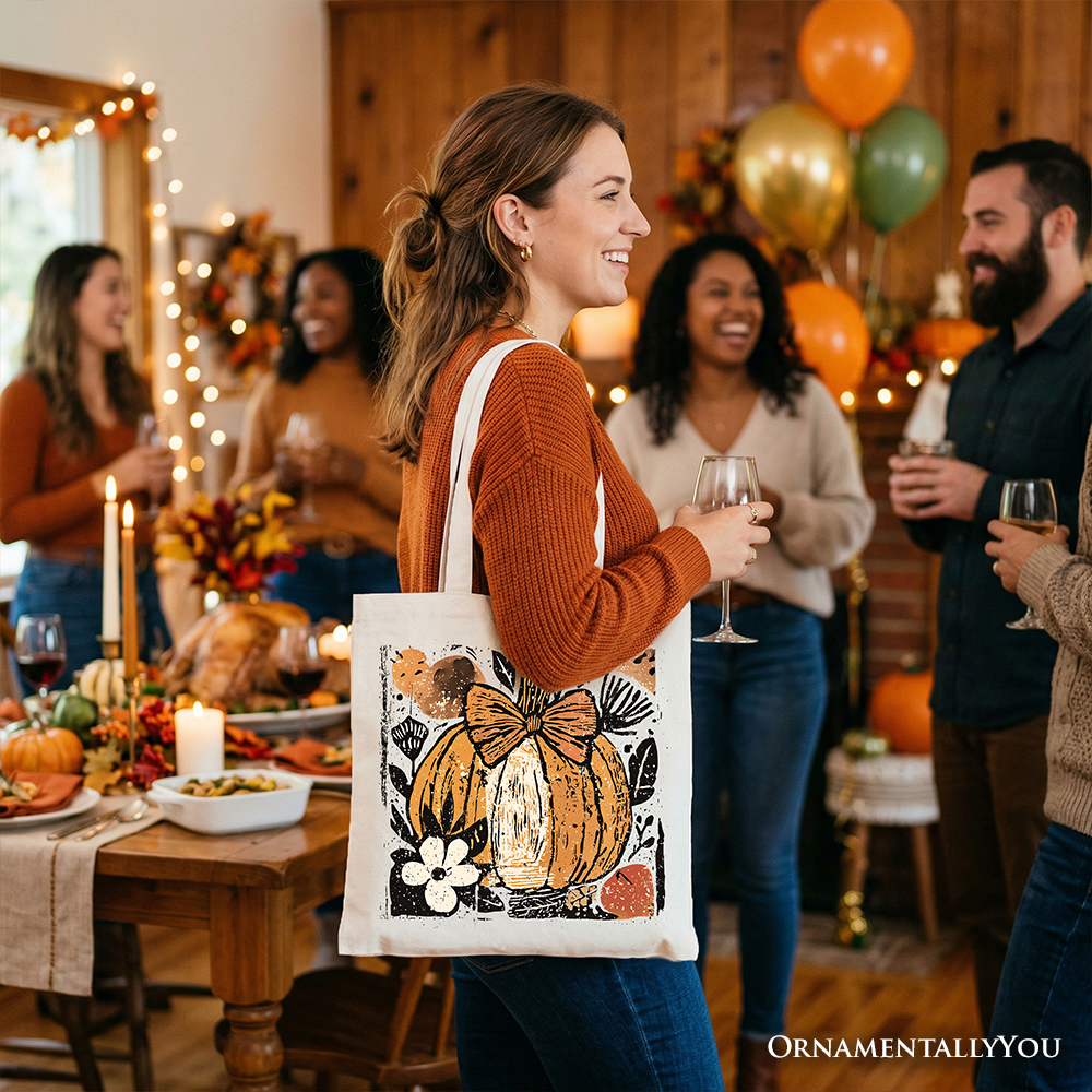 Pumpkin Fall Floral Tote Bag, Thanksgiving Coquette Bow Shopper