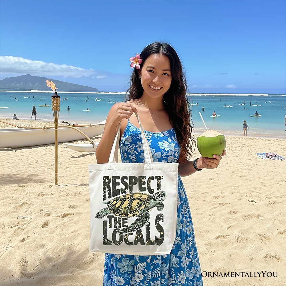 Respect the Locals Sea Turtle Canvas Tote Bag, Coastal Beach Tote