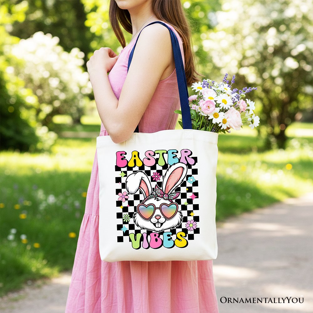Retro Easter Bunny Sunglasses Tote Bag, Colorful Checkered Shopper