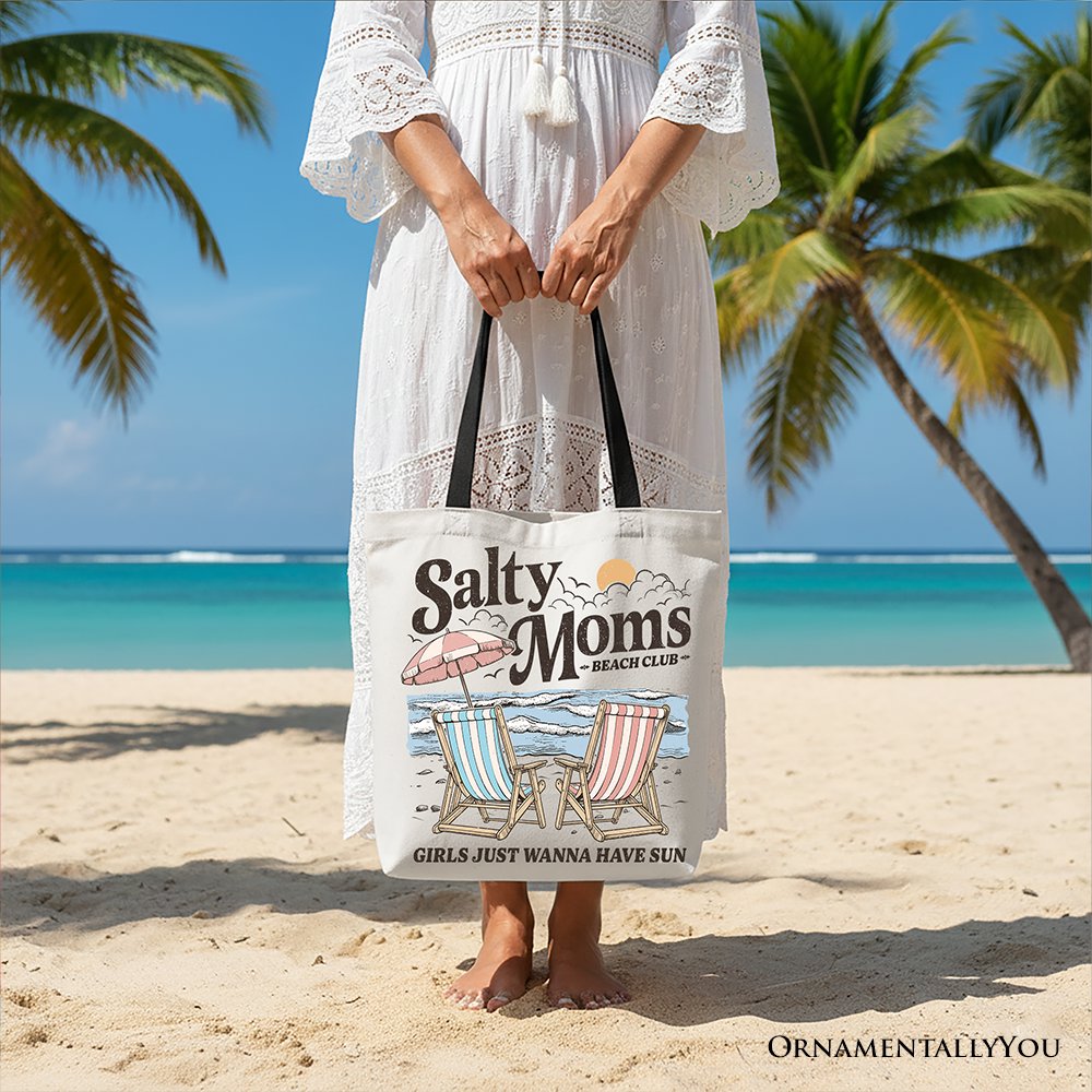 Salty Moms Beach Club Canvas Tote Bag, Retro Summer Shopper