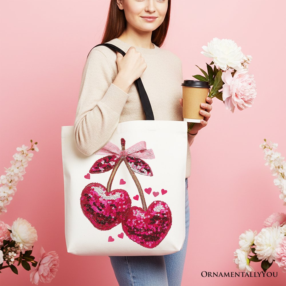 Sequin Pink Cherry Heart Canvas Tote Bag Coquette Gift