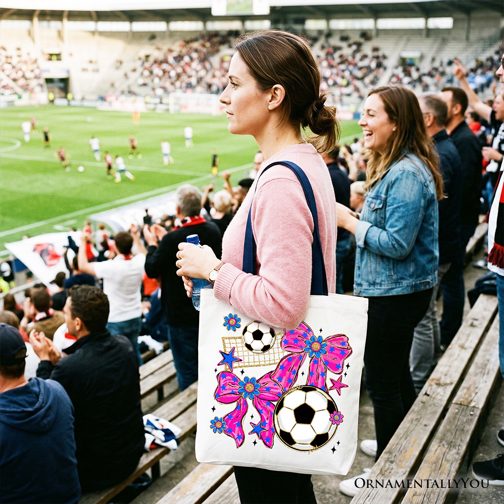 Soccer Coquette Pink Bow Tote Bag, Preppy Game Day Shopper