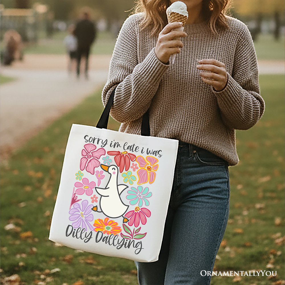 Dilly Dallying Goose Floral Canvas Tote Bag, Whimsical Gift