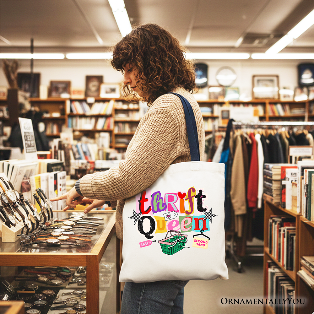 Thrift Queen Tote Bag Retro Colorful Second Hand Cotton Shopper
