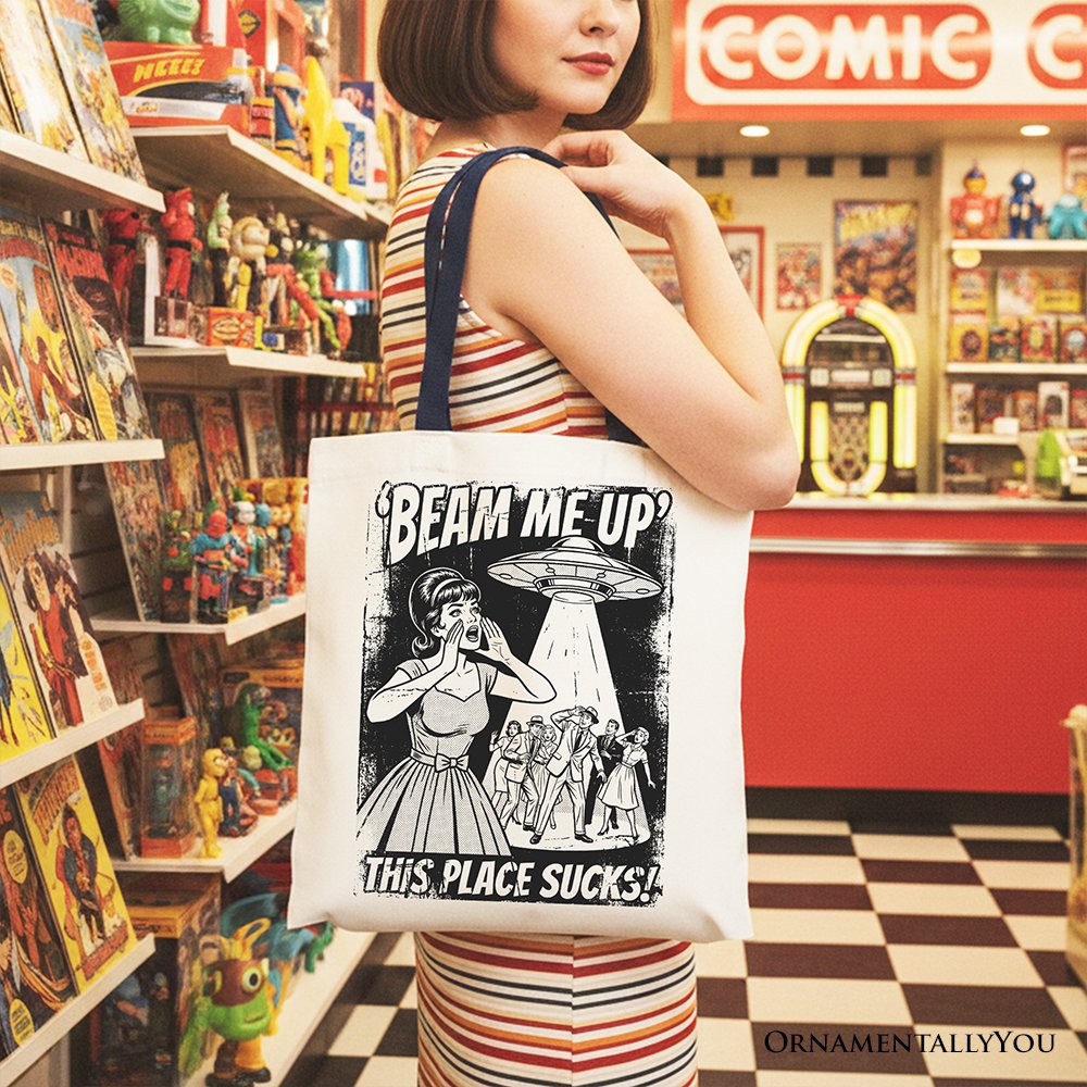 UFO Beam Me Up This Place Sucks Retro Canvas Tote Bag, Alien Gift