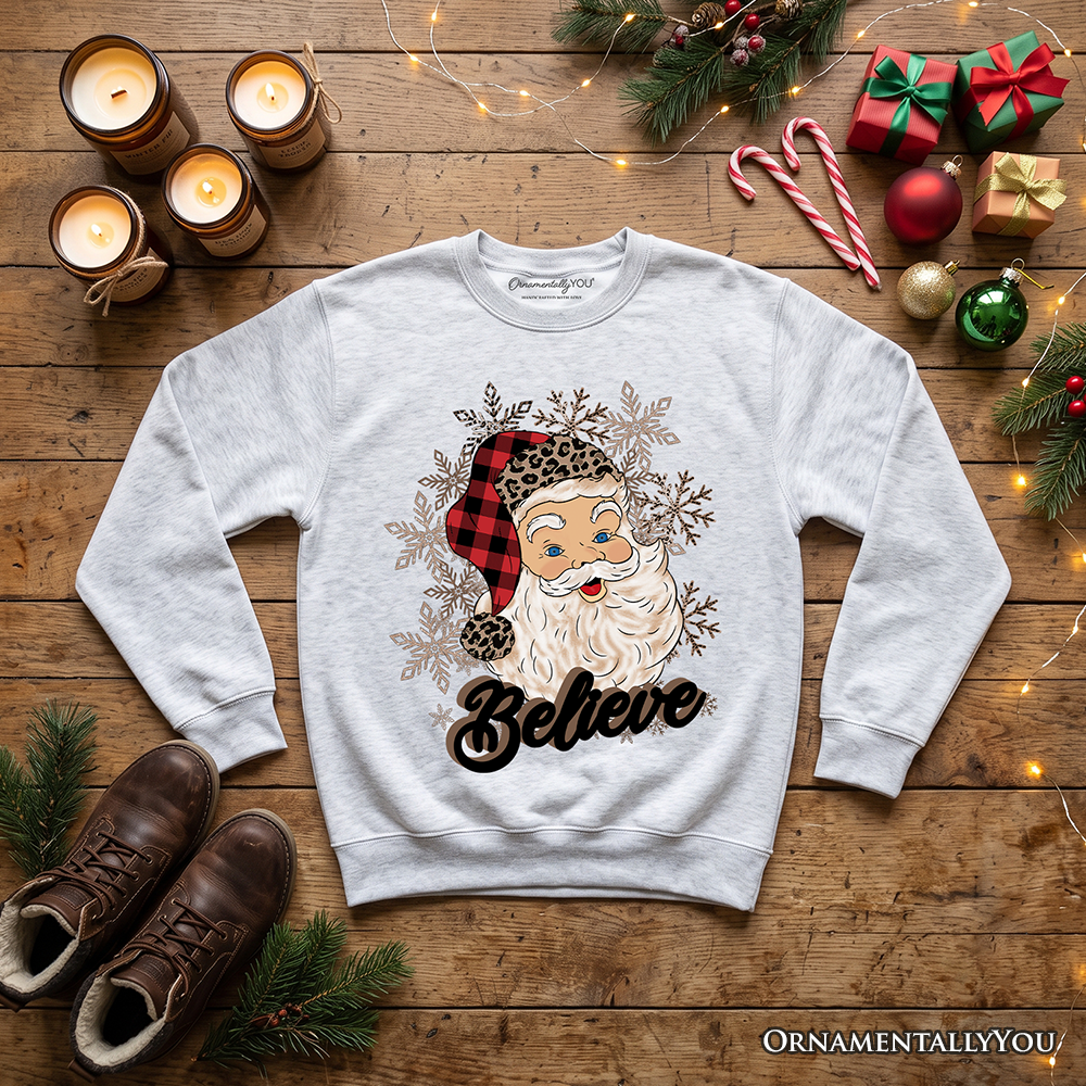 Believe Santa Buffalo Plaid Sweatshirt, Retro Christmas Sweater