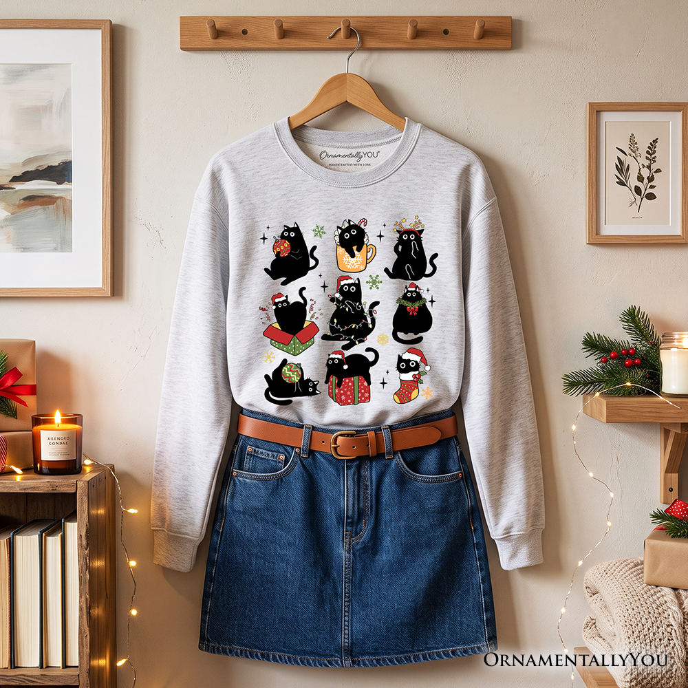 Christmas Black Cats Sweatshirt, Whimsical Cats with Santa Hat Sweater