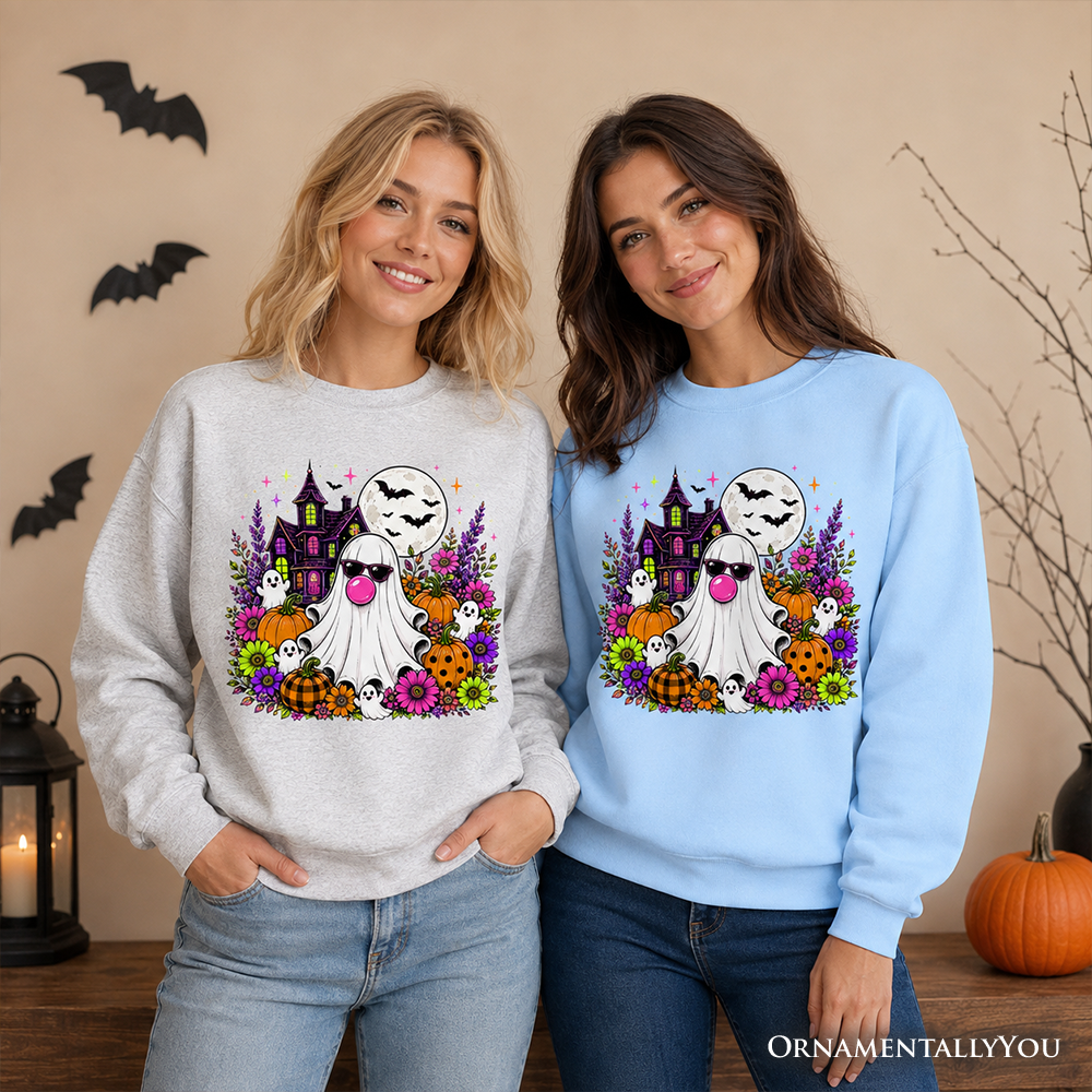 Bubblegum Ghost Haunted House Sweatshirt, Colorful Floral Halloween Pumpkin Sweater