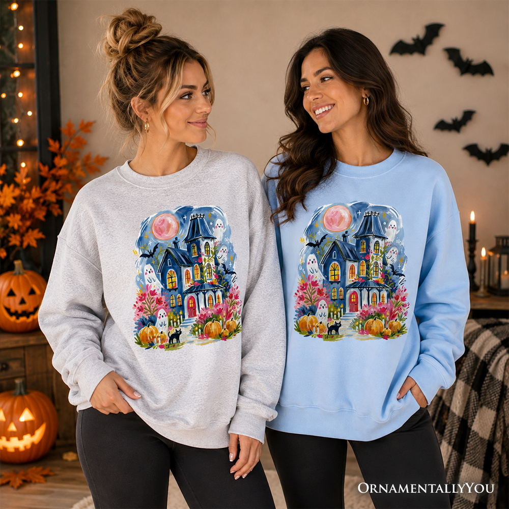 Watercolor Haunted House Sweatshirt, Colorful Ghost Pumpkin Halloween Sweater