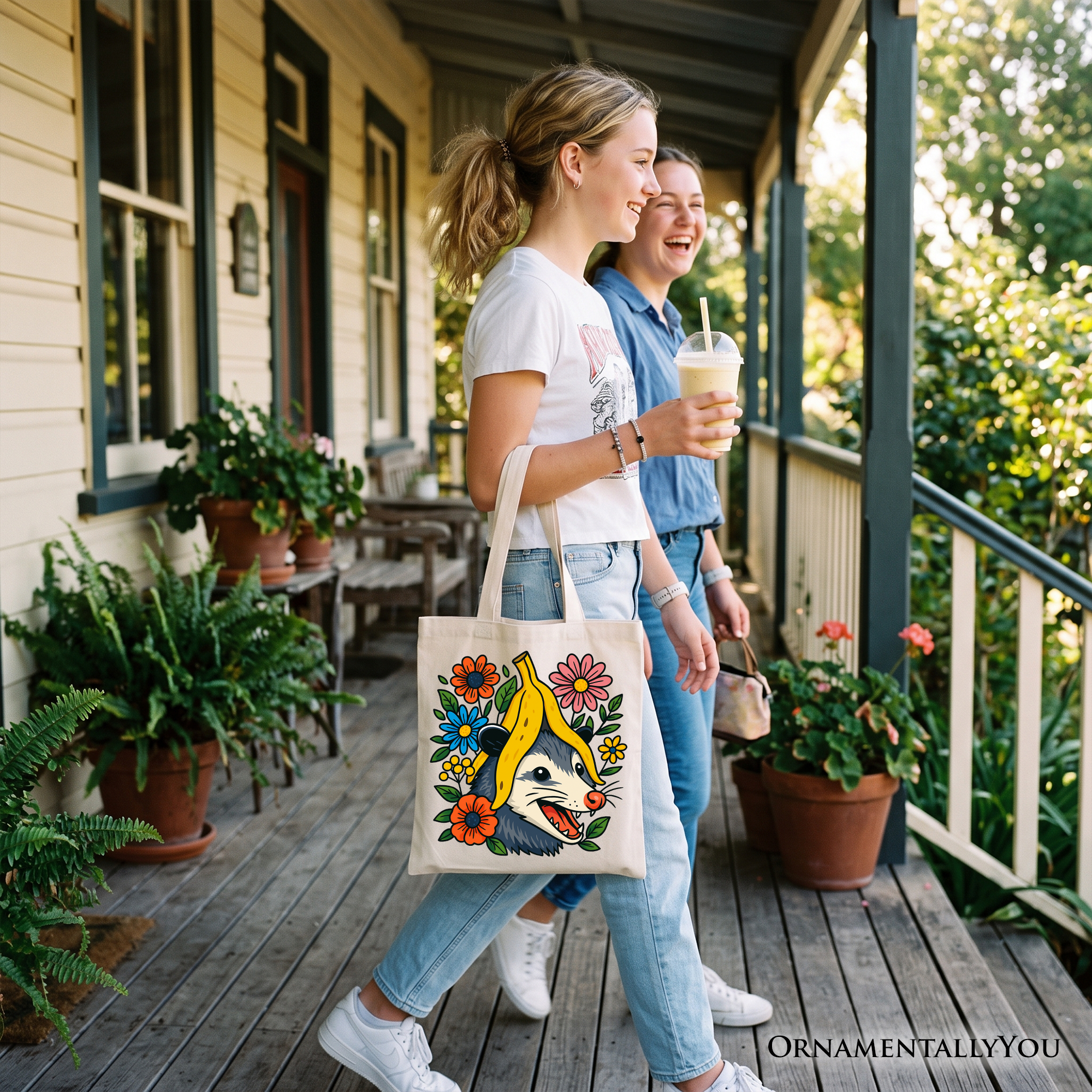 Banana Possum Floral Tote Bag – Quirky Graphic Animal Shopper