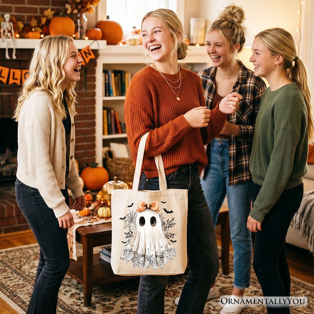 Coquette Ghost Tote Bag, Cute Girly Halloween Canvas Shopper