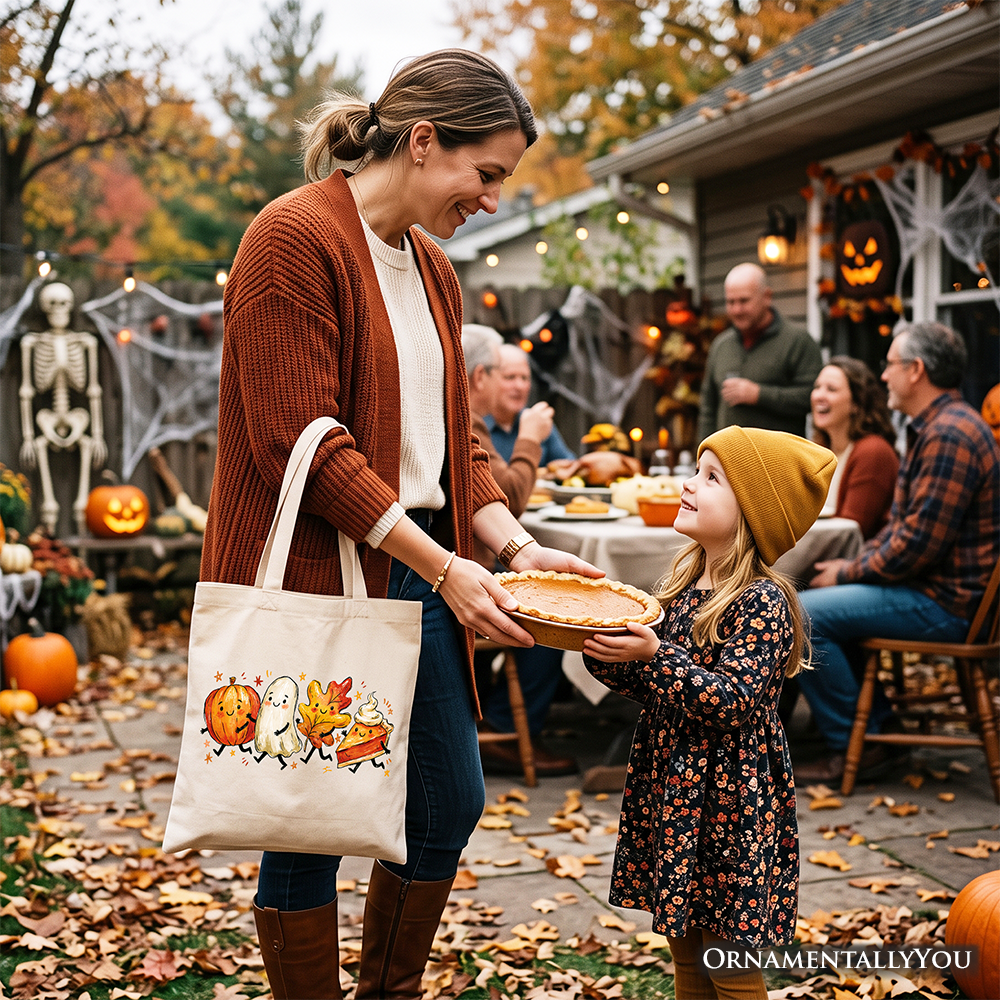 Cute Fall Characters Tote Bag, Pumpkin Ghost Leaf Pie Autumn Gift Shopper