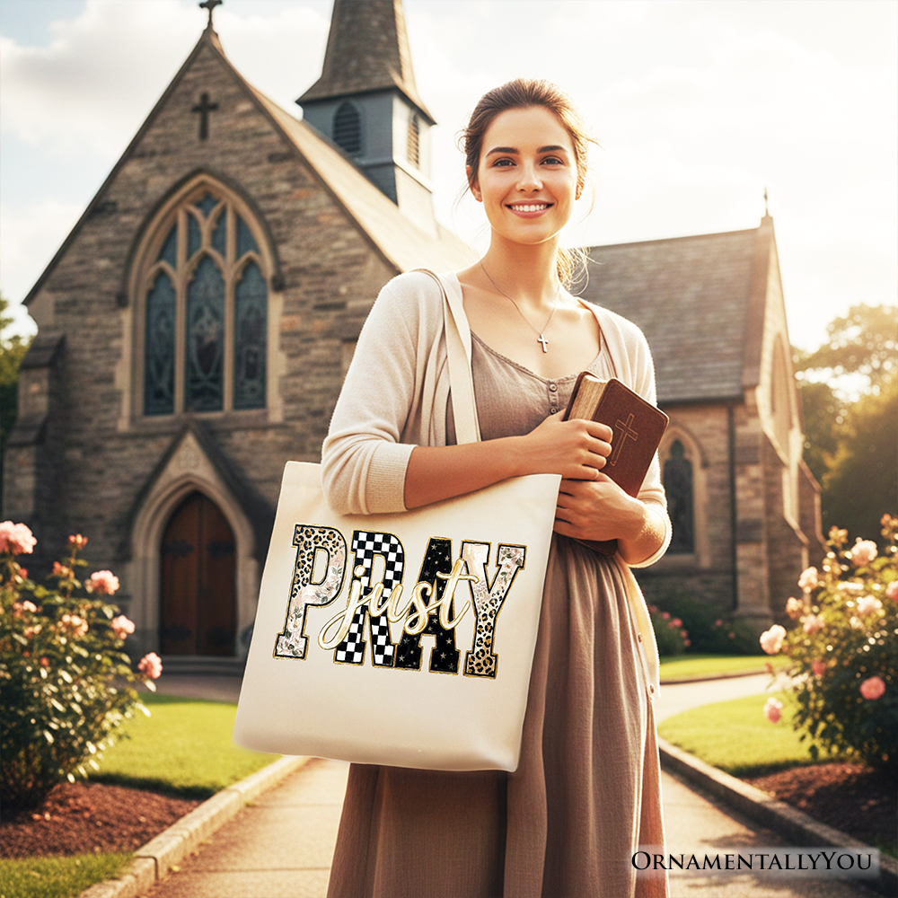 Just Pray Christian Varsity Tote Bag – Retro Leopard & Checkered Faith