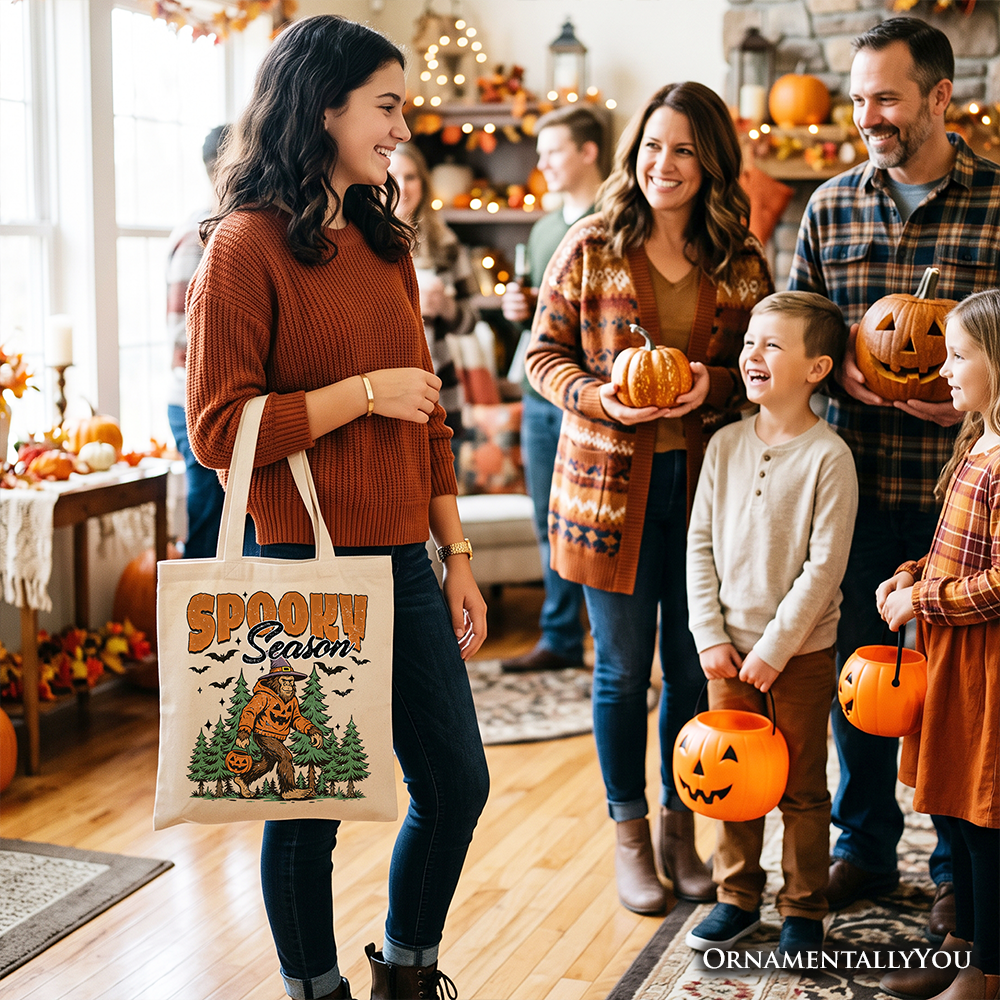 Spooky Season Bigfoot Tote Bag, Halloween Sasquatch Pumpkin Gift Shopper