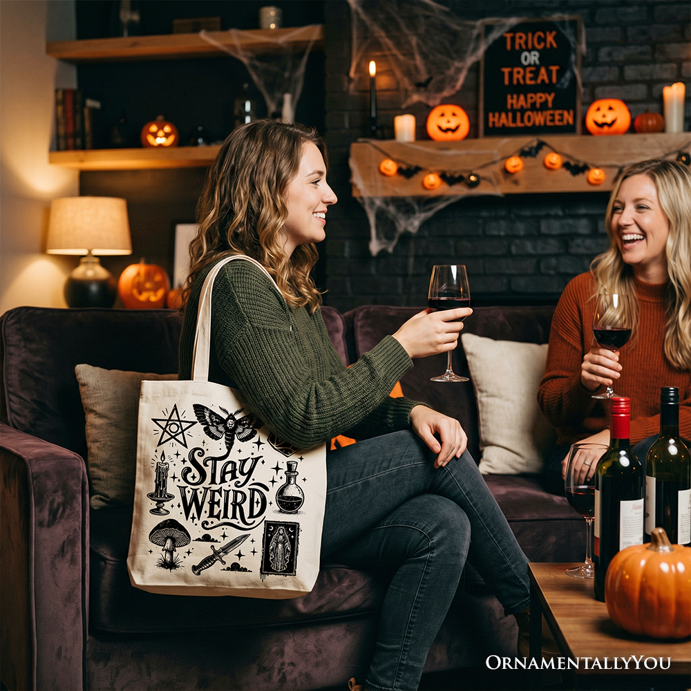 Stay Weird Witchy Vibes Canvas Tote, Mystical Halloween Bag