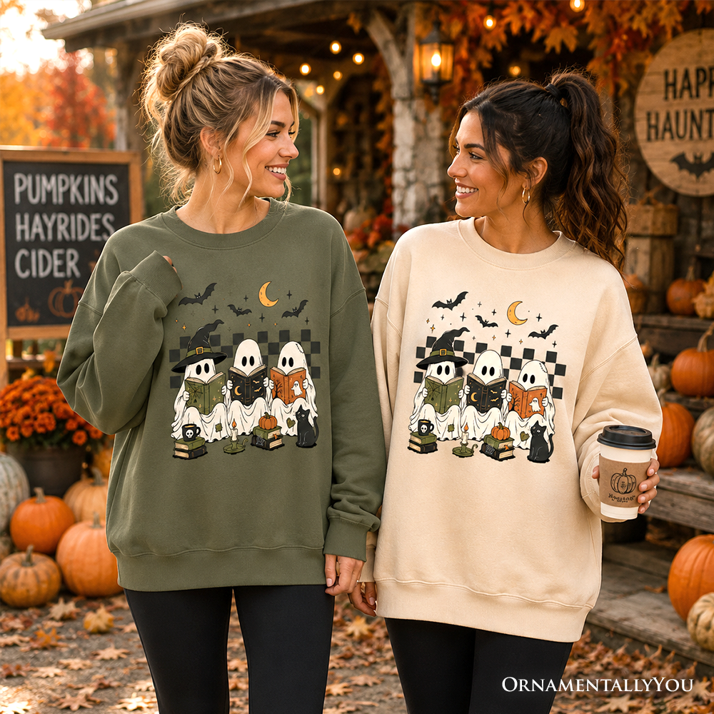 Bookish Ghosts Reading Sweatshirt, Checkered Halloween Witch Cat Sweater