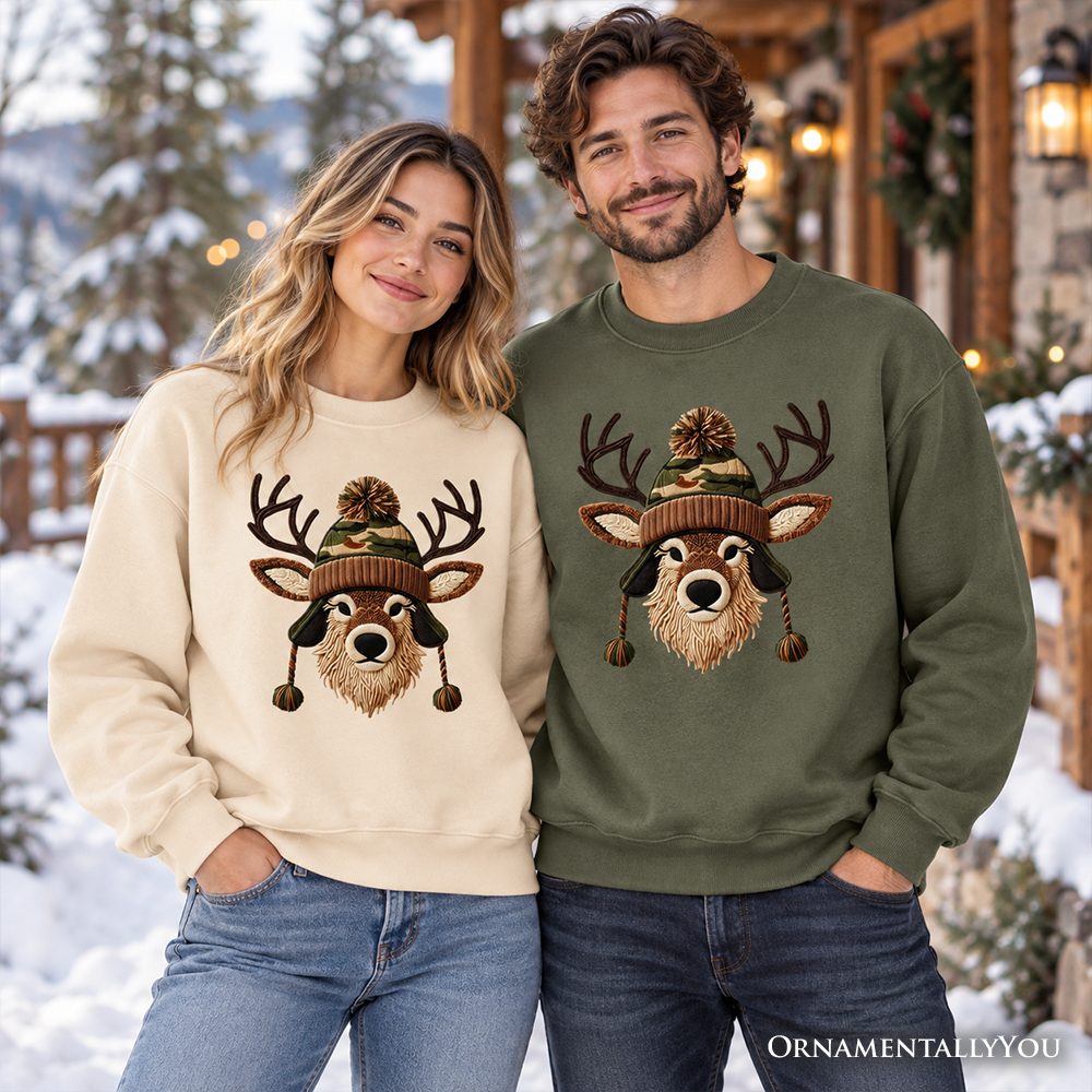 Deer Head Camo Hat Christmas Sweatshirt, Imitation Latch Hook Yarn Cozy Hunting Season Sweater