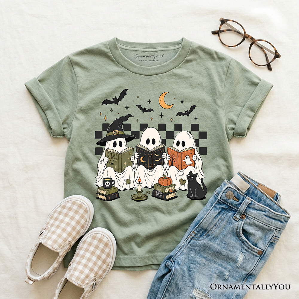 Kids Bookish Ghosts Reading T-Shirt, Checkered Halloween Witch Cat Youth Tee
