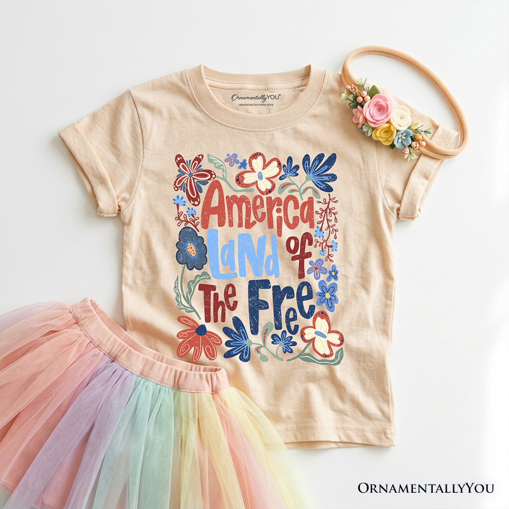 Kids Retro Floral Land of the Free Independence Day T-Shirt
