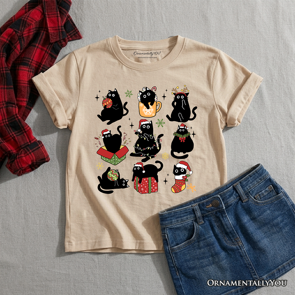Kids Black Christmas Cat T-Shirt, Whimsical Santa Hat Tee